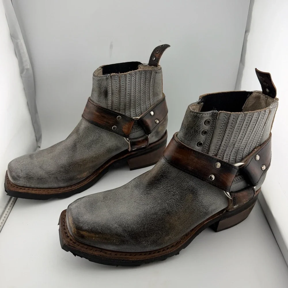 Freebird Whiskey‎ Harness Boots 9 Grey Leather Square Toe Excellent Distressed